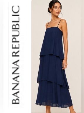 Banana Republic Tiered Midi Dress Navy Blue Size 8P Petite
